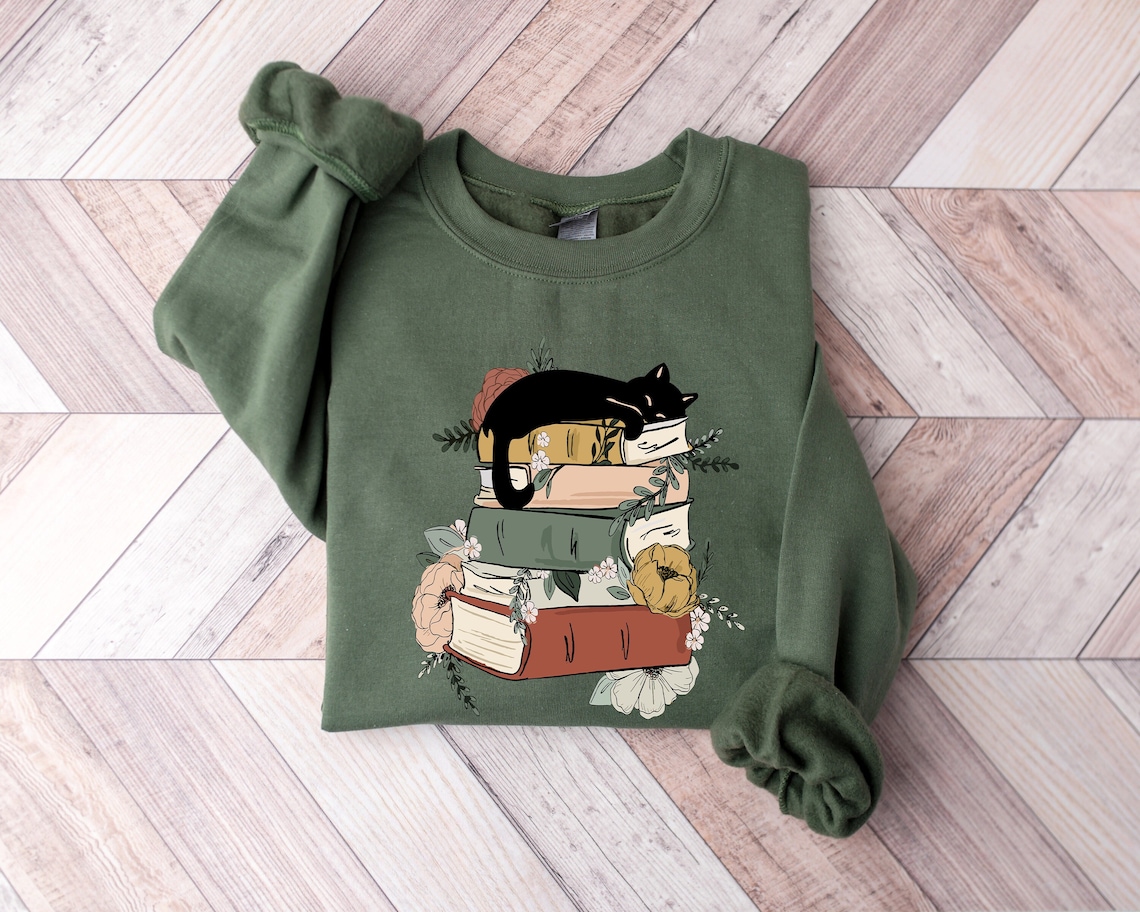Custom Digital Prints - Cat Book Sweatshirt, Books and Cats Hoodie, Reading Shirt, Cat Lover T-Shirt, Gift for Cat Lover, Gift for Book Lovers, Book, Bookish Shirt - Image 2