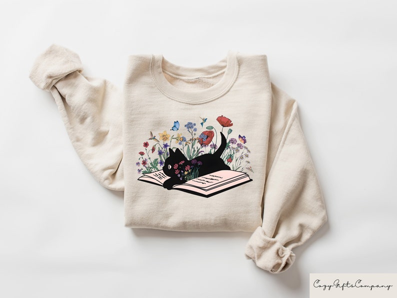 Custom Digital Prints - Cute Floral Cat Sweatshirt, Bookish Sweatshirt, Book Lover Shirt, Gift for Cat Lover, Librarian Gift, Floral Cat Shirt