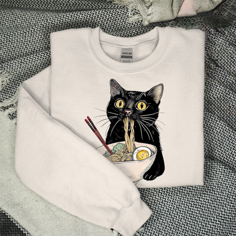Custom Digital Prints - Noodle Cat Shirt, Ramen Cat T-Shirt, Foodie Lover Shirts, Black Cat Noodle T-Shirts, Retro Cat Tees, Cat Lover Sweatshirts, Black Cat Tee