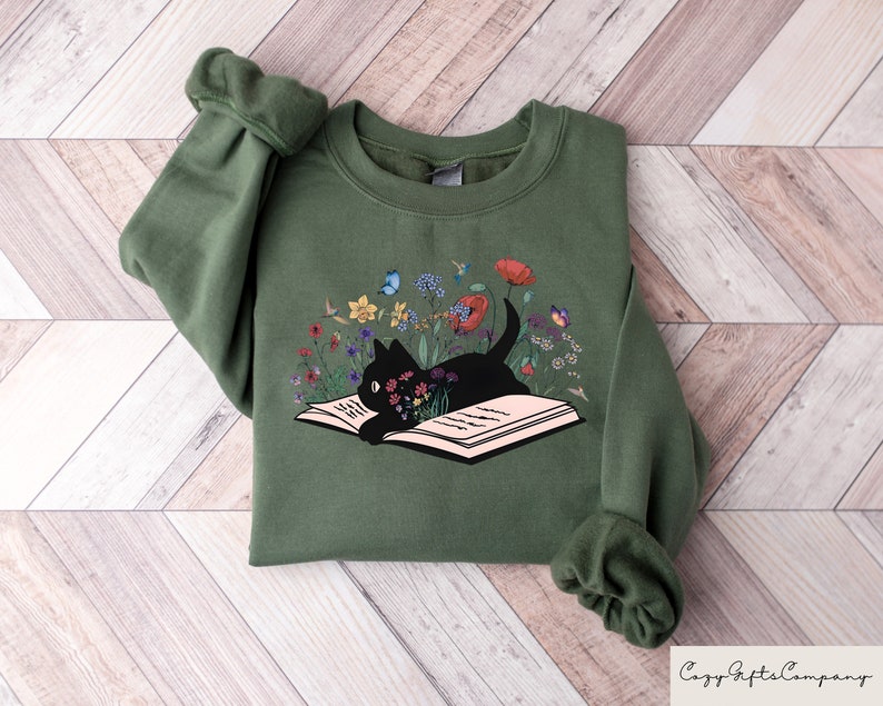 Custom Digital Prints - Cute Floral Cat Sweatshirt, Bookish Sweatshirt, Book Lover Shirt, Gift for Cat Lover, Librarian Gift, Floral Cat Shirt - Image 2