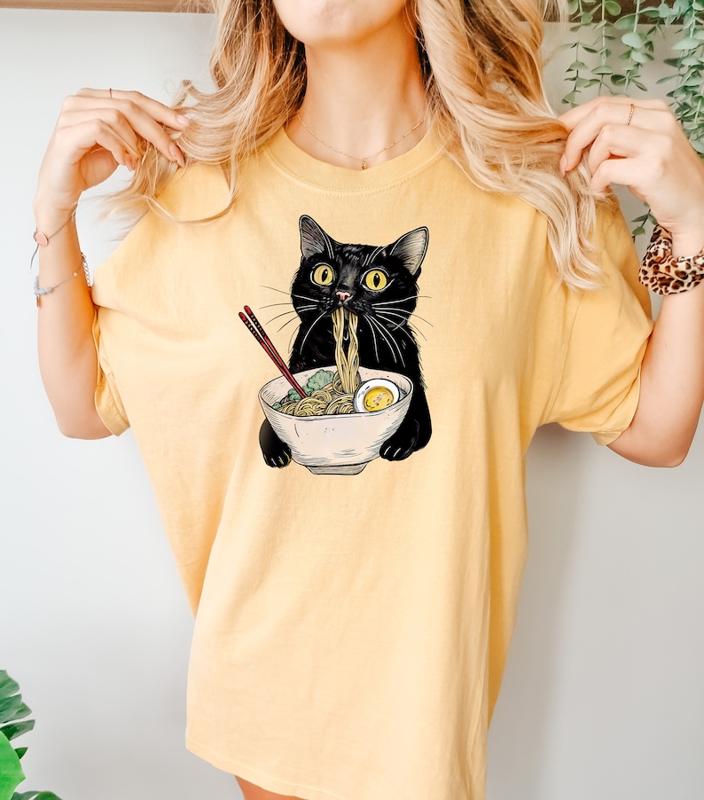 Custom Digital Prints - Noodle Cat Shirt, Ramen Cat T-Shirt, Foodie Lover Shirts, Black Cat Noodle T-Shirts, Retro Cat Tees, Cat Lover Sweatshirts, Black Cat Tee - Image 5