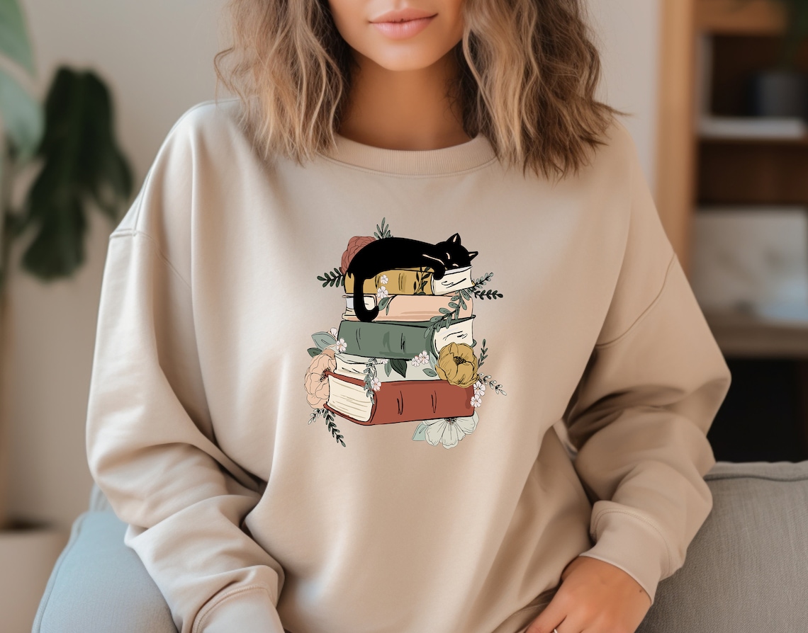 Custom Digital Prints - Cat Book Sweatshirt, Books and Cats Hoodie, Reading Shirt, Cat Lover T-Shirt, Gift for Cat Lover, Gift for Book Lovers, Book, Bookish Shirt - Image 3