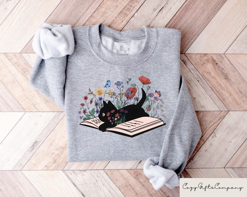 Custom Digital Prints - Cute Floral Cat Sweatshirt, Bookish Sweatshirt, Book Lover Shirt, Gift for Cat Lover, Librarian Gift, Floral Cat Shirt - Image 3