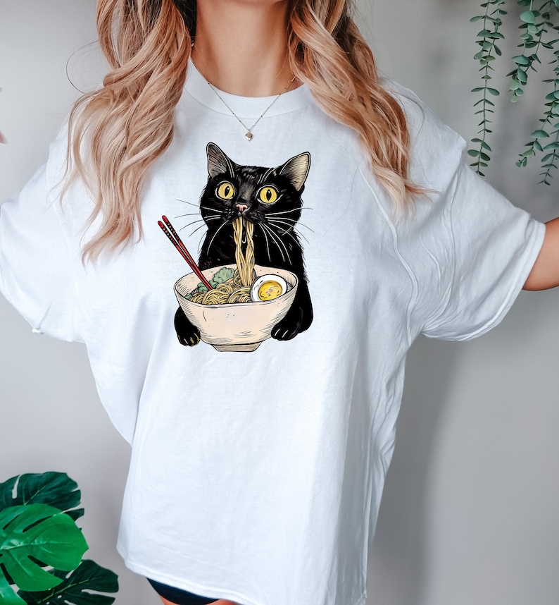 Custom Digital Prints - Noodle Cat Shirt, Ramen Cat T-Shirt, Foodie Lover Shirts, Black Cat Noodle T-Shirts, Retro Cat Tees, Cat Lover Sweatshirts, Black Cat Tee - Image 6