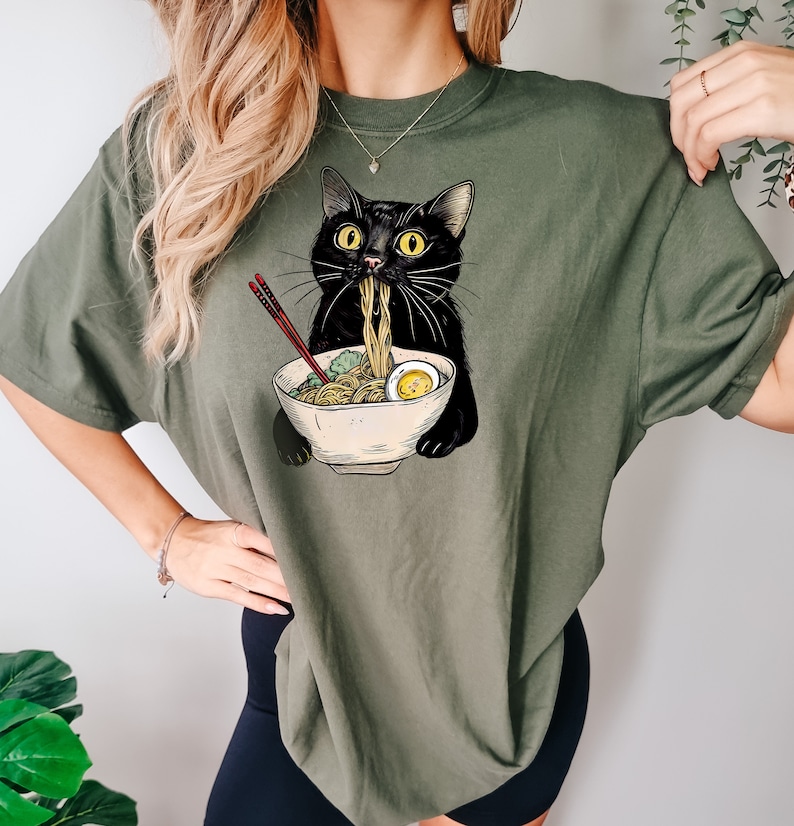 Custom Digital Prints - Noodle Cat Shirt, Ramen Cat T-Shirt, Foodie Lover Shirts, Black Cat Noodle T-Shirts, Retro Cat Tees, Cat Lover Sweatshirts, Black Cat Tee - Image 7